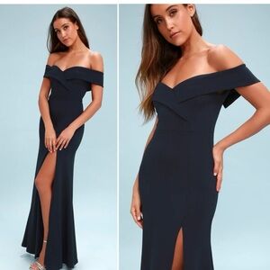 Lulu's Blue Off-Shoulder Slit Maxi Gown